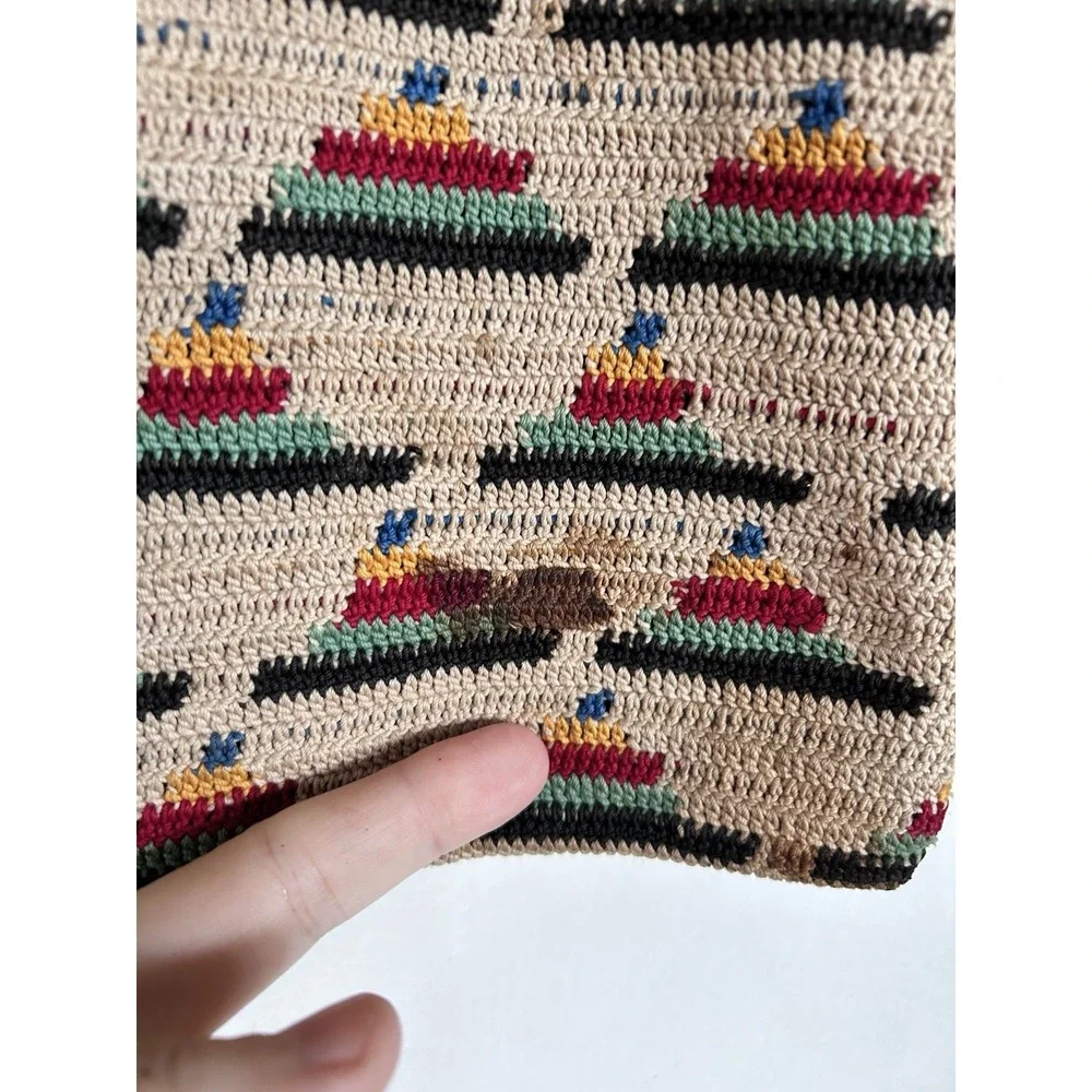 Vintage Tapestry Tight Knit Craft Bag Crochet Needlework Knitting Wood Handles - Picture 2 of 16